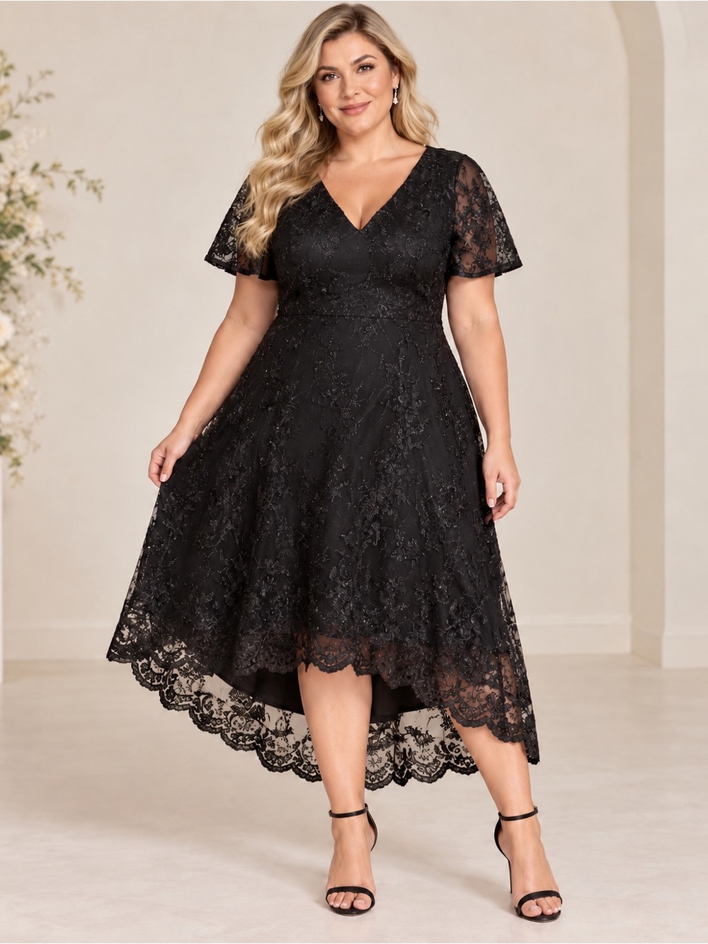 Ever-Pretty Black Embroidered Mesh A-Line Midi Dress Size 22 NWT